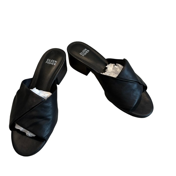 Eileen Fisher Ruche Black Leather Open Toe Slide Sandals, Sz 7.5 - Picture 2 of 14